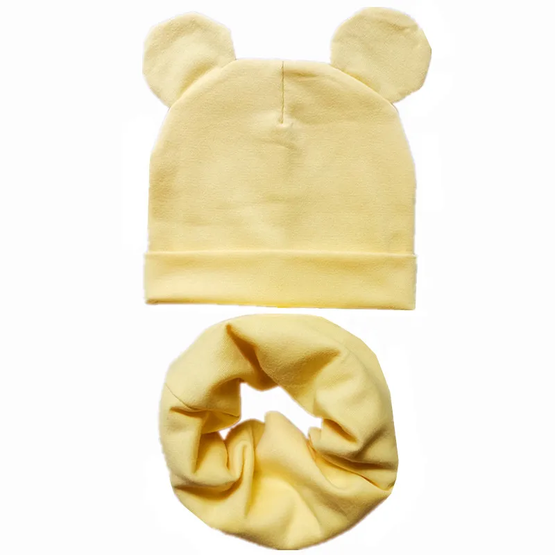 light yellow Новая хлопковая детская шляпа, шарф, комплект, детский красивый комплект из шапки с ушками шапки бини шапки высокое качество для маленьких мальчиков и девочек шапки и шарфа комплект Детские шляпы реквизит для фотосессии - Цвет: light yellow