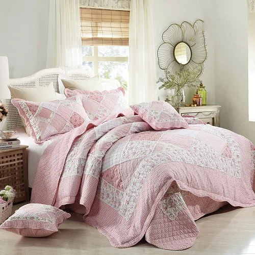 CHAUSUB качество хлопчатобумажное лоскутное одеяло набор 4 шт. корейский стиль Одеяло s покрывало цветочный стеганый комплект постельного белья пододеяльник наволочка - Цвет: Розовый