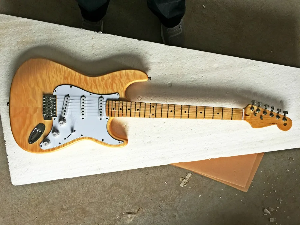 

High quality FDST-1005 original wood Color with Quilted Maple Veneer cover white plate St electric guitar, Free shipping