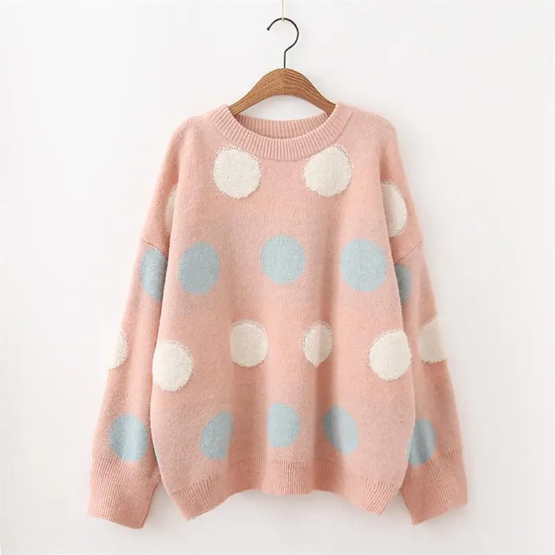 H. SA женские милые свитера, модные вязанные Джемперы в горошек, цветной Радужный пуловер в горошек, свободная Корейская зимняя одежда - Цвет: HF18301 Pink
