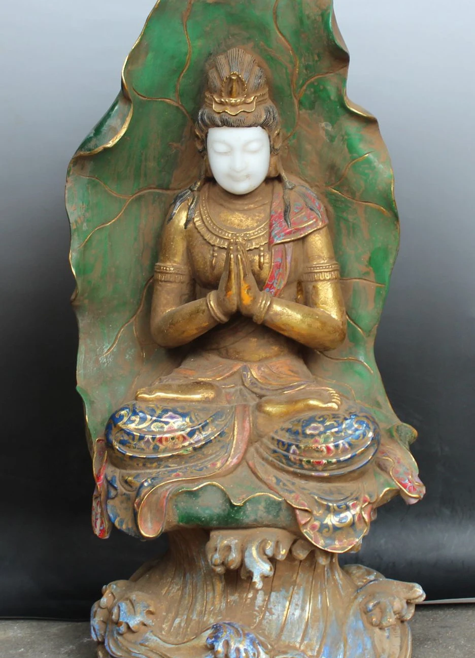 

68cm Big White Jade Gild Painting Lotus Leaf Kwan-yin Guan Yin Goddess Statue