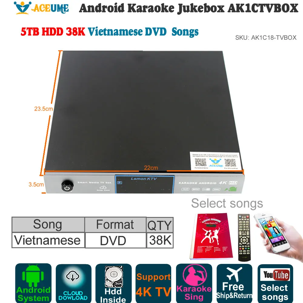 Android караоке плеер/Jukebox AK1C18TVBOX 5 ТБ HDD 38K вьетнамские песни бесплатное Облачное