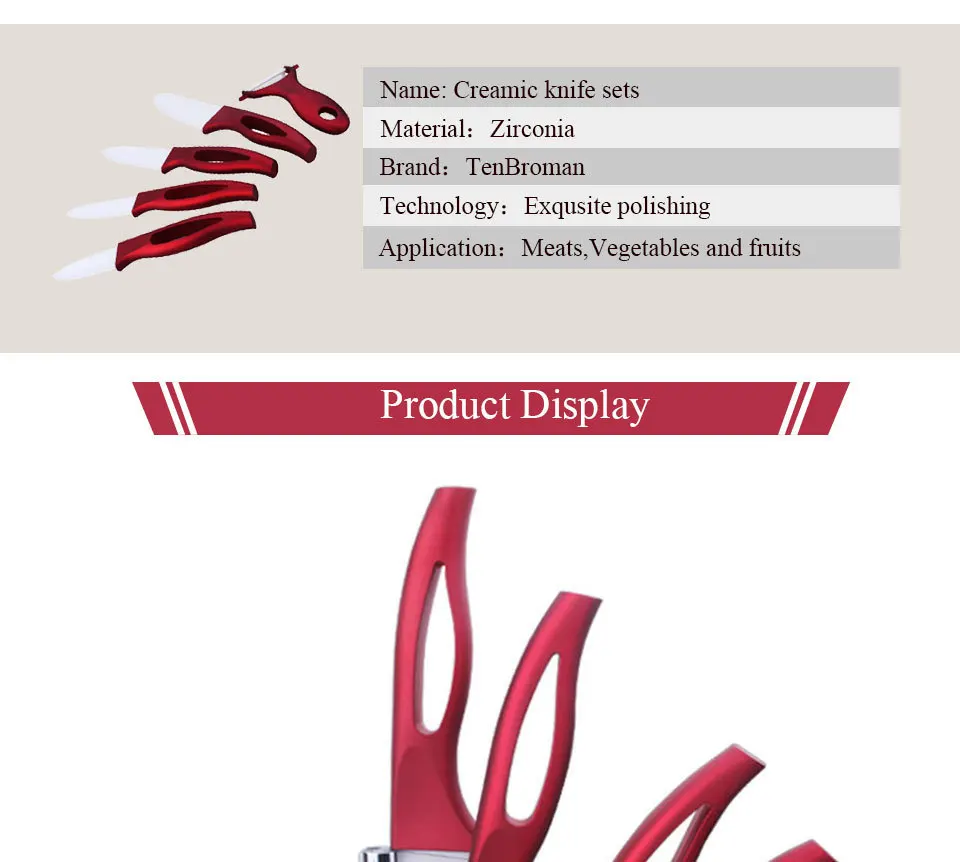 TENBROMAN 3/4/5/6 дюймов 5 шт. красивые красные Кухня Керамика Ножи набор с полой ручкой инструмент для очистки и держатель