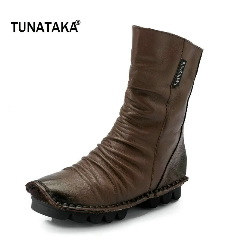 

Woman Genuine Leather Platform Flat With Pleated Ankle Boots Fashon Square Toe Back Zipper Winter Boots Black Gray Brown