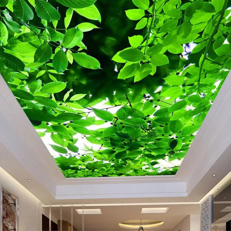 Large Custom 3D Mural Wallpaper Green Leaves Ceiling Murals Wall Art