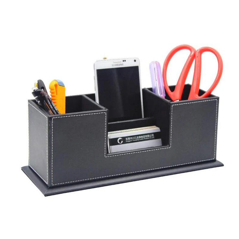 4 Blocks Office Supplies Black Leather Square Pen Holder Pencils