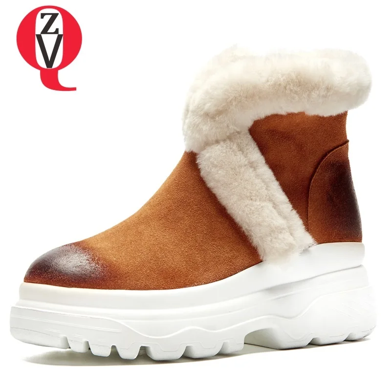 

ZVQ women shoes 2018 winter new concise casual plush warm snow boots high wedges platform zip round toe cow suede ankle boots