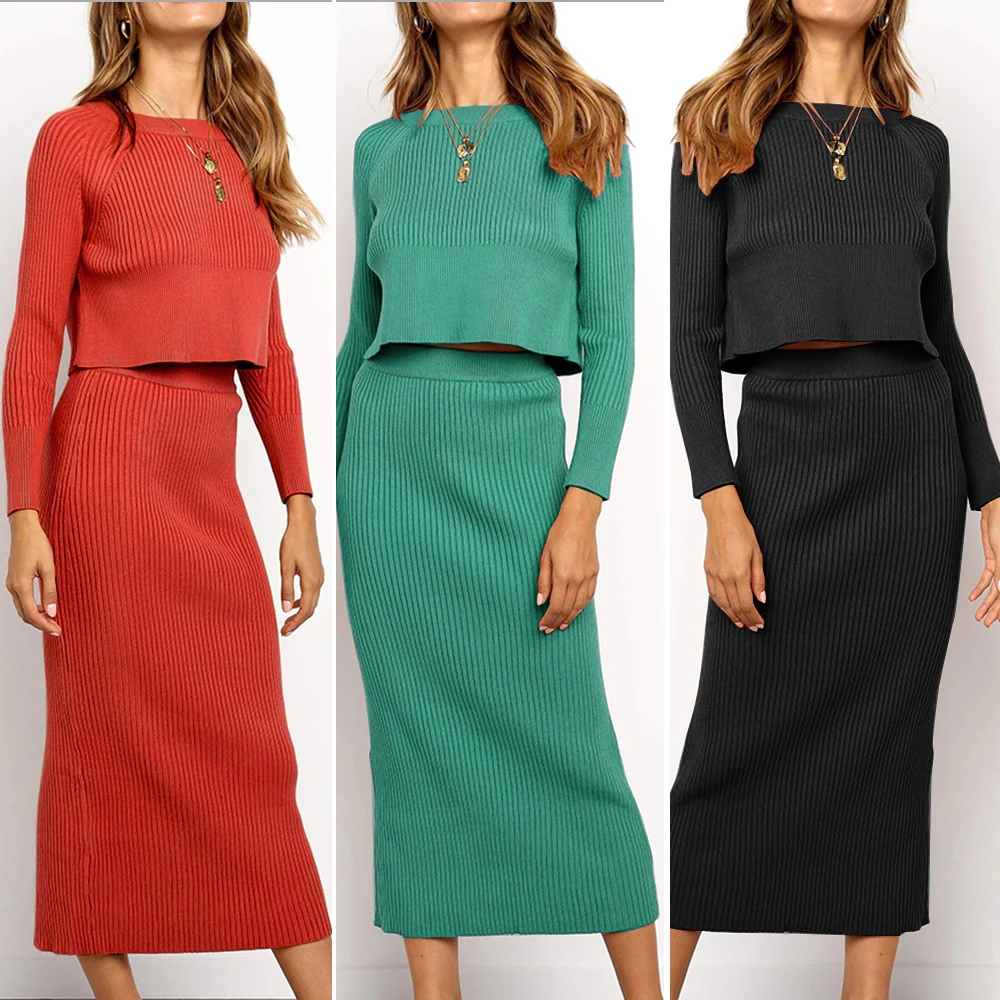 

Kimuise o neck knitted women sets sweater tops and high waist skirts autumn winter siuits warm