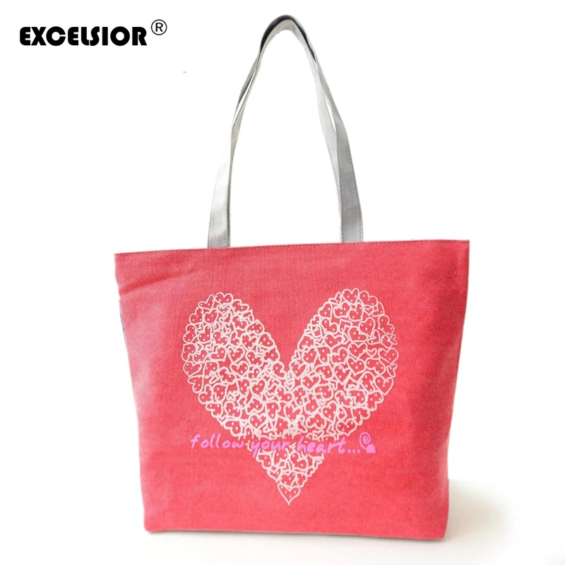 EXCELSIOR Floral Hearts Printed Canvas Tote Female Casual Beach Bags Large Women Single Shoulder ...