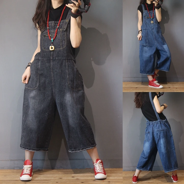 

Spring Autumn Women Casual All-match Loose Plus Size Vintage Bleached Jeans Elastic Waist Denim Overalls