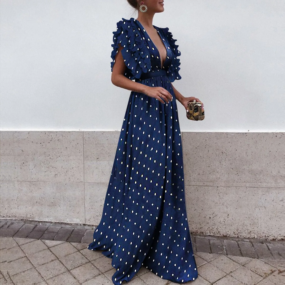 

Women's Polka Dot Summer Dress Vintage Short Sleeve Printed Maxi Dress Kaftan Dresses Woman Party Night Long Dresses NEW