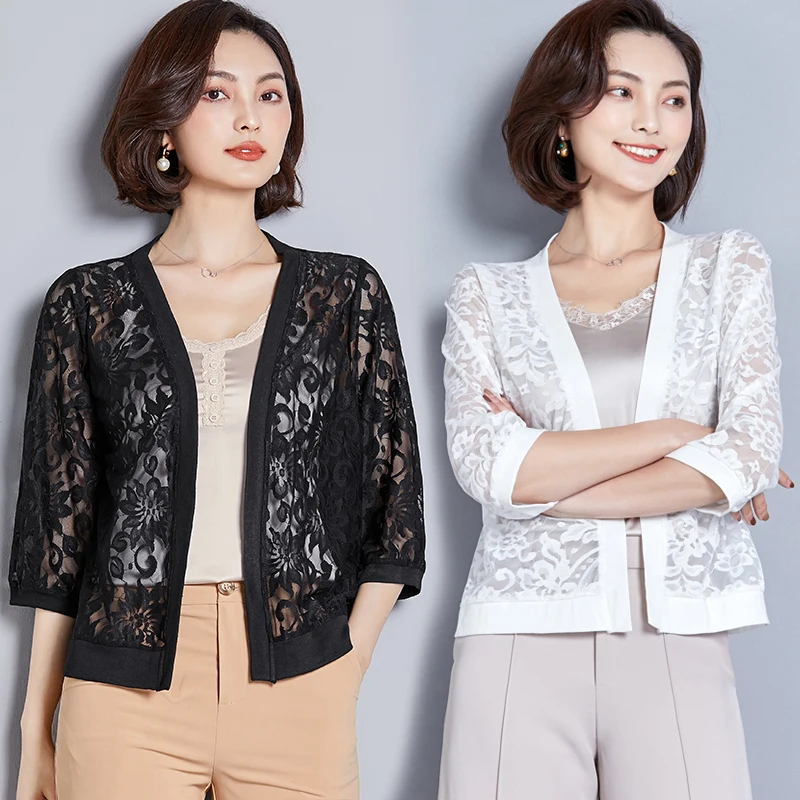 

Black,White Lace Cardigan Outwear 2019 Korean Women 3/4 Sleeve Thin Hollow Out Lace Jackets Office Lady Tops M-XXXL