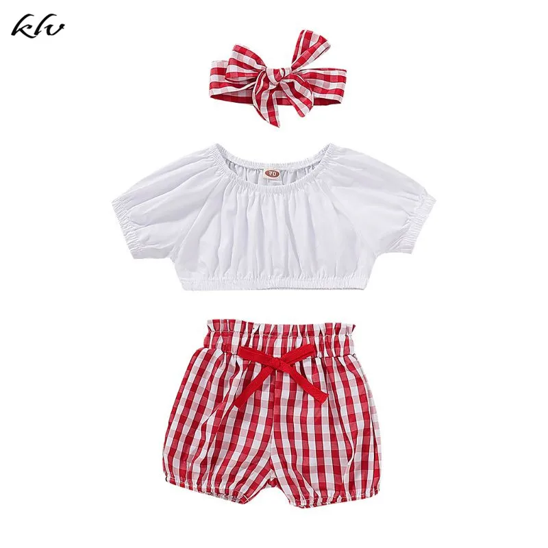 

3PCS Newborn Infant Baby Girls Clothes Crop Tops+Plaid Shorts Pants Headband Outfits Set