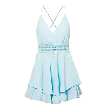 

spaghetti strap Sexy v-neck women playsuit Backless Hollow out waist ladies jumpsuit romper Summer beach wear overalls sky blue