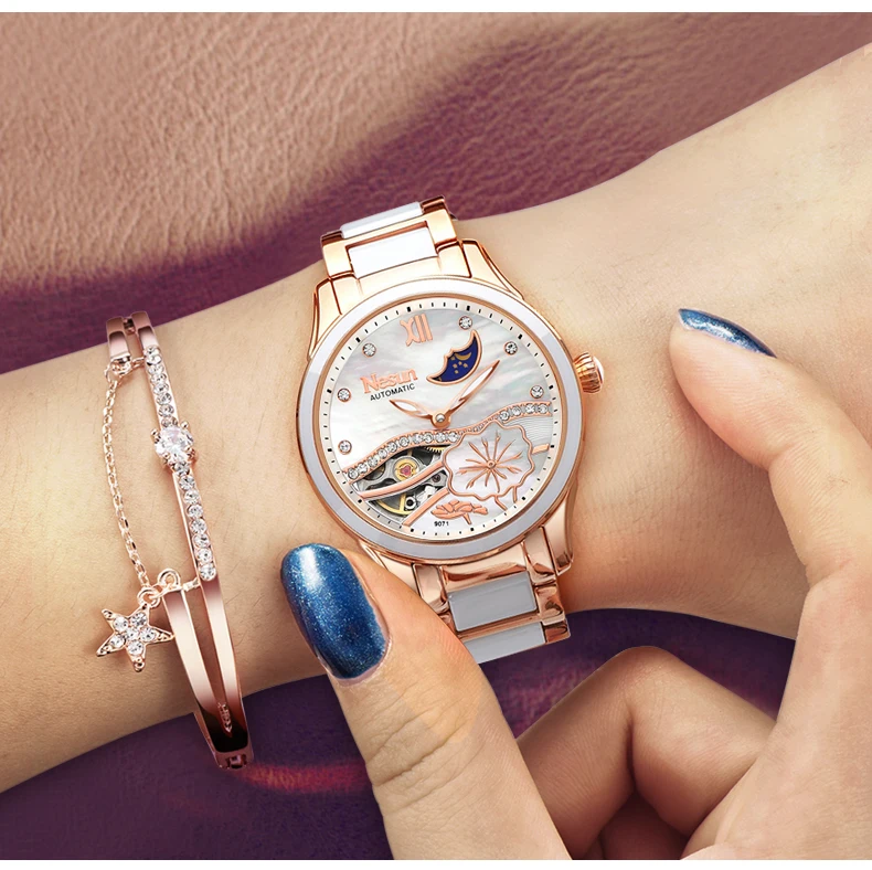 Швейцарские часы женские роскошные брендовые японские кварцевые NESUN женские часы сапфир Relogio Feminino керамические наручные часы N9072-4