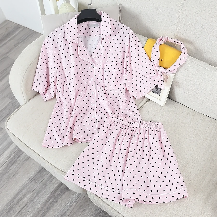 [GUTU] Primavera Verão 2017 Nova Moda Preto Dot Turn down Collar de Manga Curta Camisa + Calça Perna larga Solto Conjunto mulheres F67301