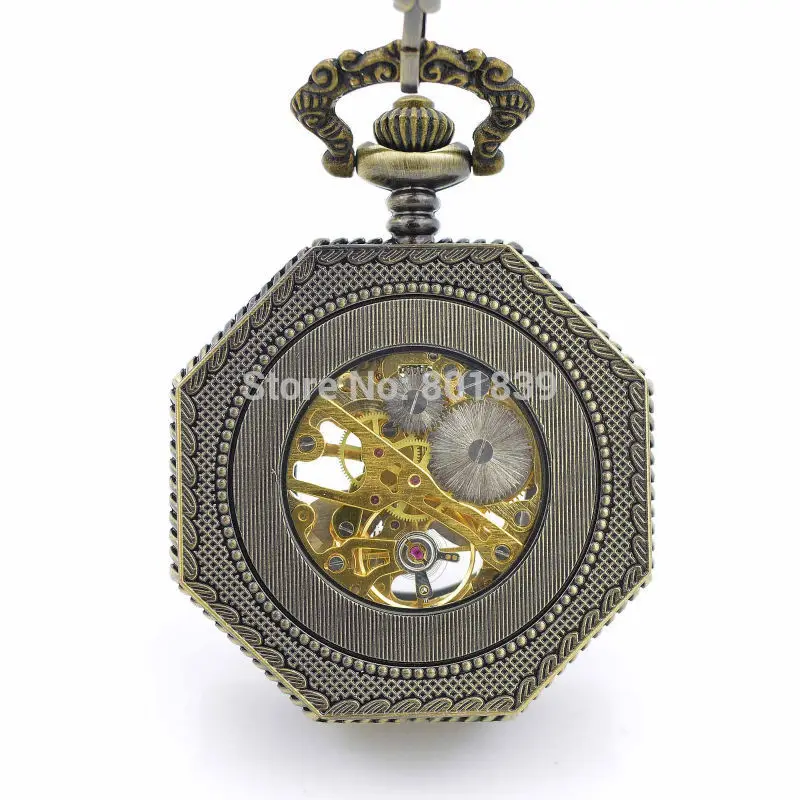 Карманные часы с цепочкой Antique Стиль Золото Тон Octagon случае стимпанк Рука Ветер механические часы движение