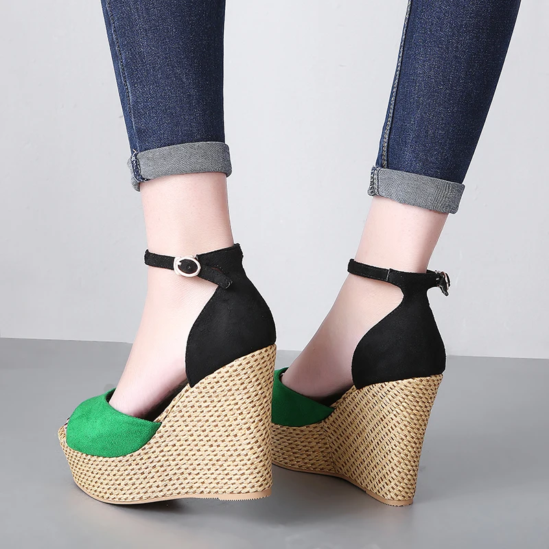 Fashion Women High Heels Summer Sandals New Arrival Open Toe Straw Wedges Platform Buckle Strap Casual Shoes Woman Green Black (5)