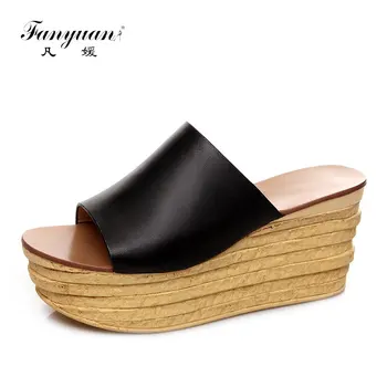 

Fanyuan Women Slippers Casual Flip Flops Brand Cow Leather High Heels Platform Sandals Fashion Wedge Summer Shoes Cork Slippers