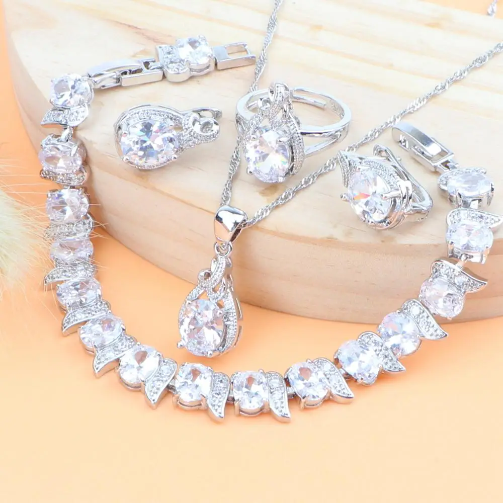

Cubic Zirconia Bridal Silver 925 Jewelry Sets Earrings For Women Costume Jewelry Ring Bracelet Pendant Necklace Set Gift Box