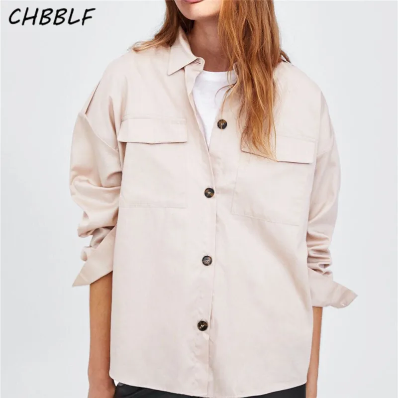 

CHBBLF women solid loose blouses pockets long sleeve turn down collar basic shirts female office wear casual tops NJN1260