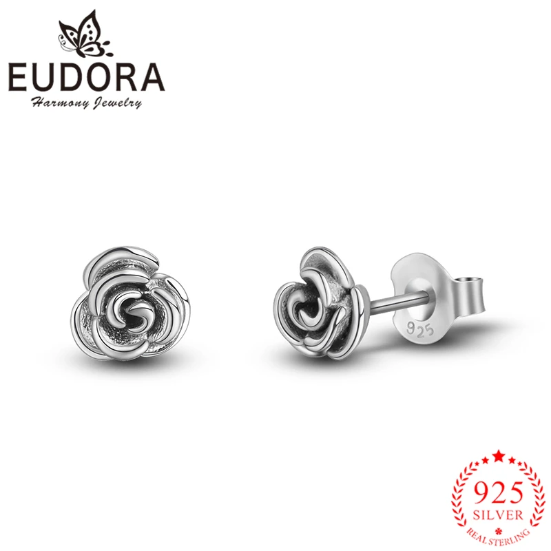 

Eudora Authentic 925 Sterling Silver Rose Flower Stud Earrings for Women Girls Trendy Fashion Silver Jewelry High Quality