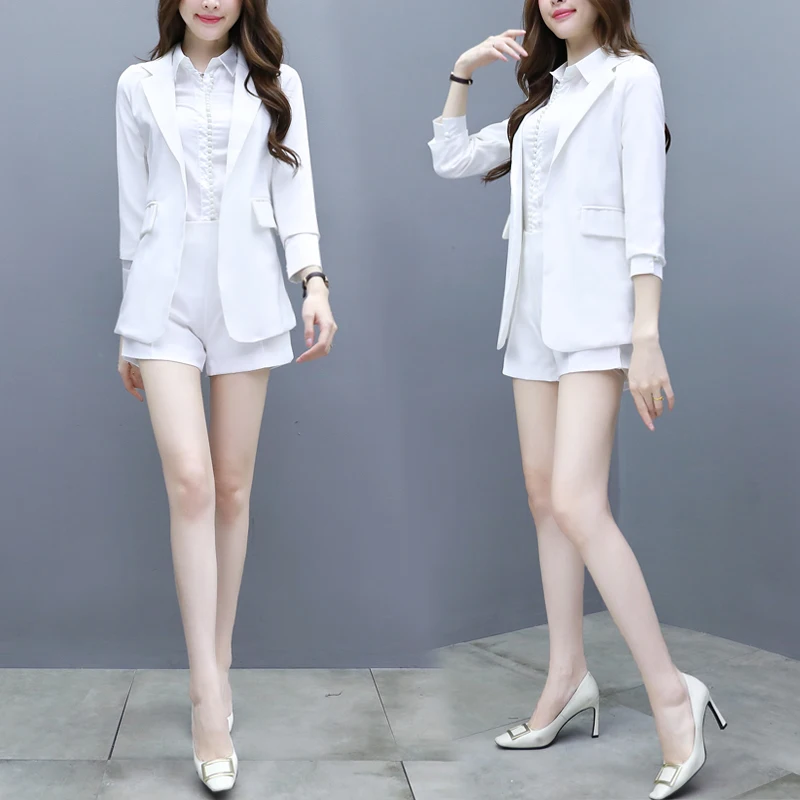 

2 piece set women new fashion temperament commuter white suit wide leg shorts suit female Xia Yinglun wind suit two sets