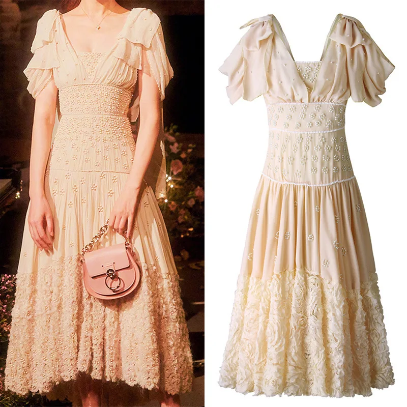 

New 2009 Tang Yan Star with Heavy Industry Nail Pearl Stereo Rose Irregular Dress Evening Dress 8695