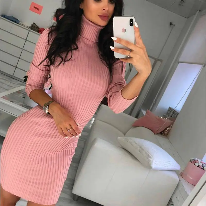 

2018 New Autumn Winter Women Knitted Sweater Dress Sexy Bodycon Slim Dress Female Turtleneck Long Sleeve Mini Dress