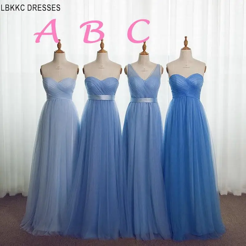 

Long Bridesmaid Gown Light Sky Blue Soft Tulle Pleated Bridesmaid Dresses Robe Demoiselle D'honneur Fille Wedding Guest Dresses