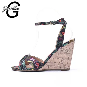 

Shoes Women Sandals Summer Open Toe Fish Head High Heels Wedge Sandals Female Shoes Bohemian Sandals 10cm Blue White Floral