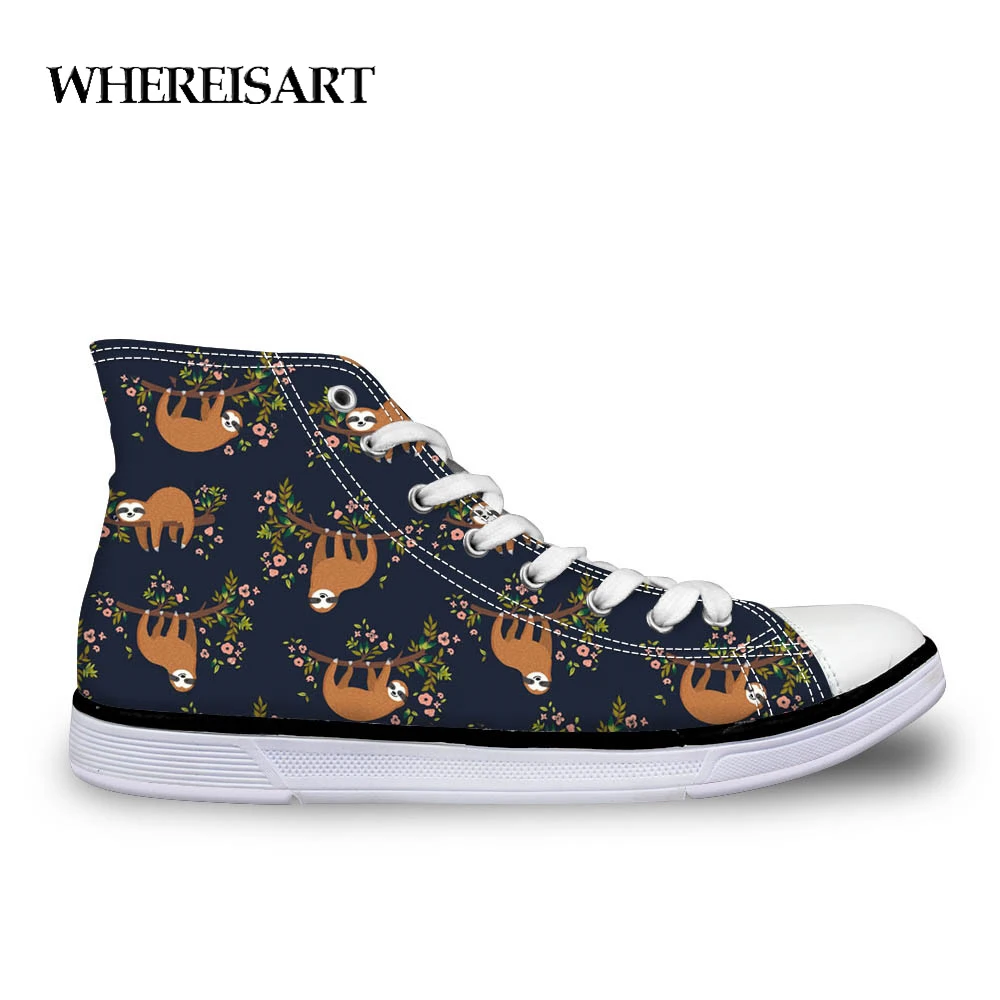 

WHEREISART Cute Sloth Printing Casual Women's Vulcanize Shoes Lace Up for Ladies Fashion High top Canvas Shoe Flat Footwear