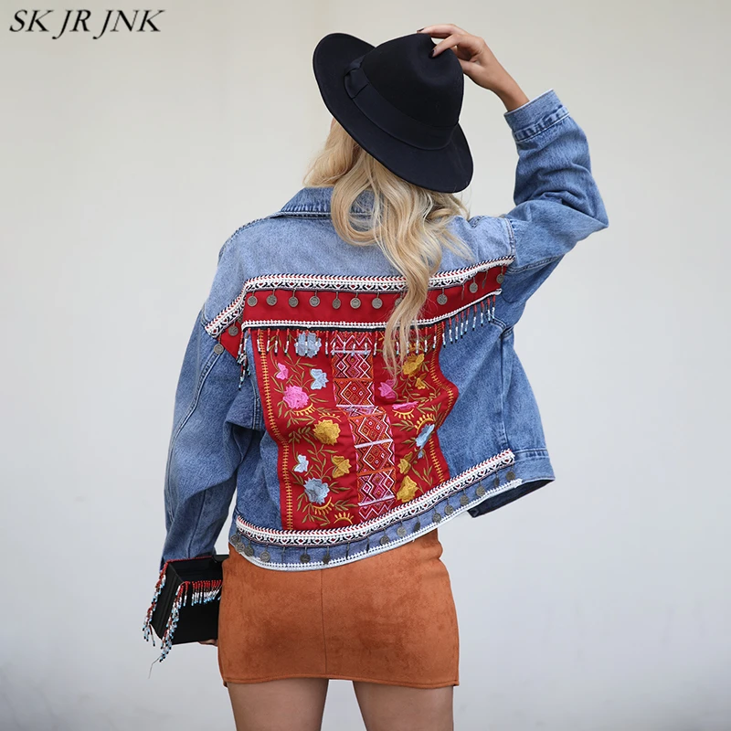 Для женщин Denim Вышивка пальто Демисезонный 2018 офис Винтаж Модные свободные