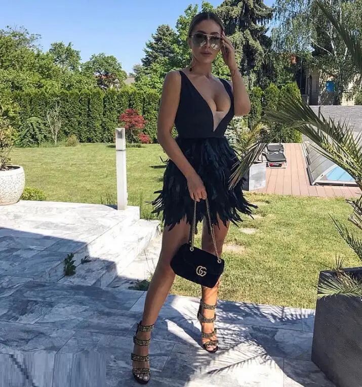 

Top Quality Sexy V-Neck Feathers Rayon Bandage Elegant Dress Homecoming Party Dress