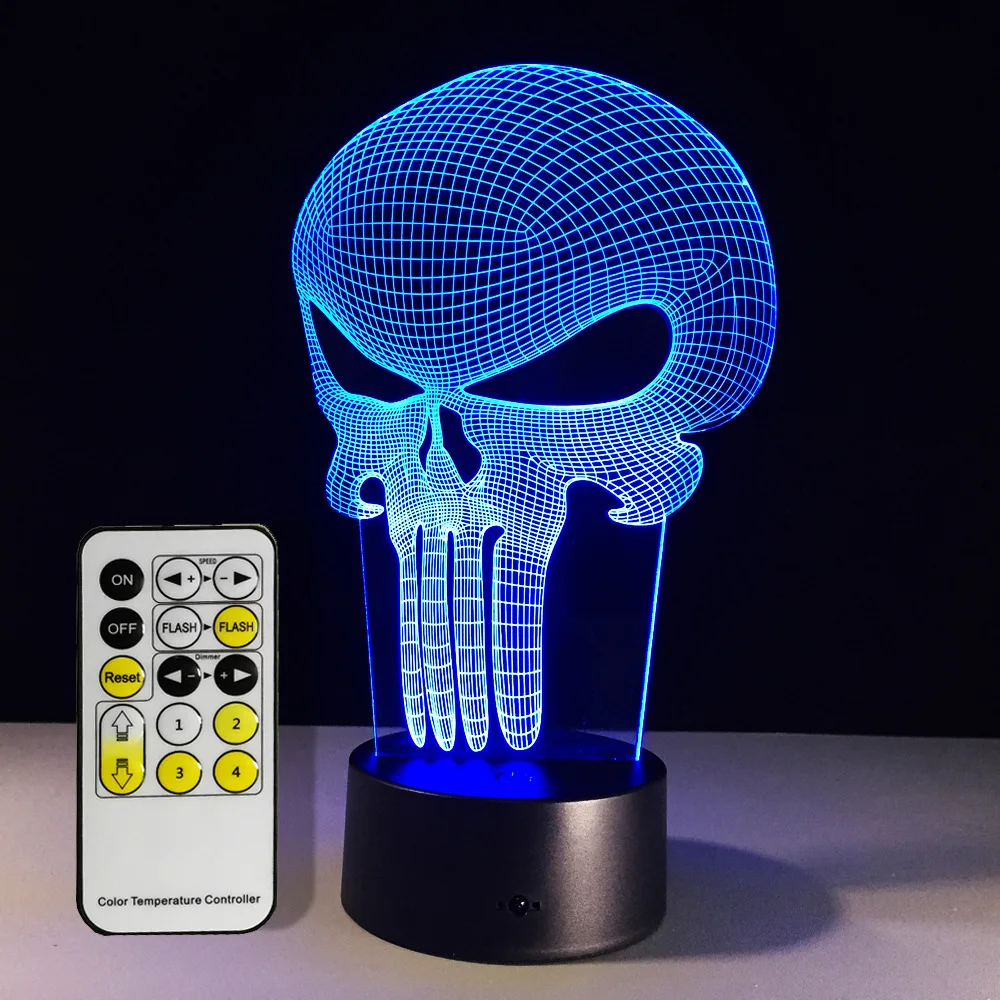  Free Shipping 1Piece Punisher Skull Multi-colored Bulbing Light Acrylic 3D Hologram Illusion Desk L - 32761694062
