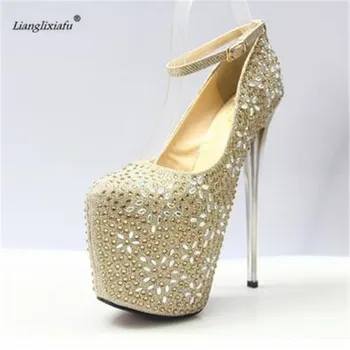 

LLXF zapatos Plus:34-41 42 43 Stiletto Ladies diamond Party Shoes women 19cm thin High-Heeled female Ankle Strap Cosplay Pumps