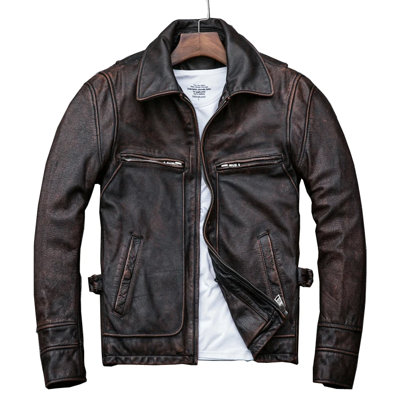 

Free shipping,Asian plus size mens genuine leather jacket,vintage brown casual cowhide coat,Brand new slim motor jackets.sales.