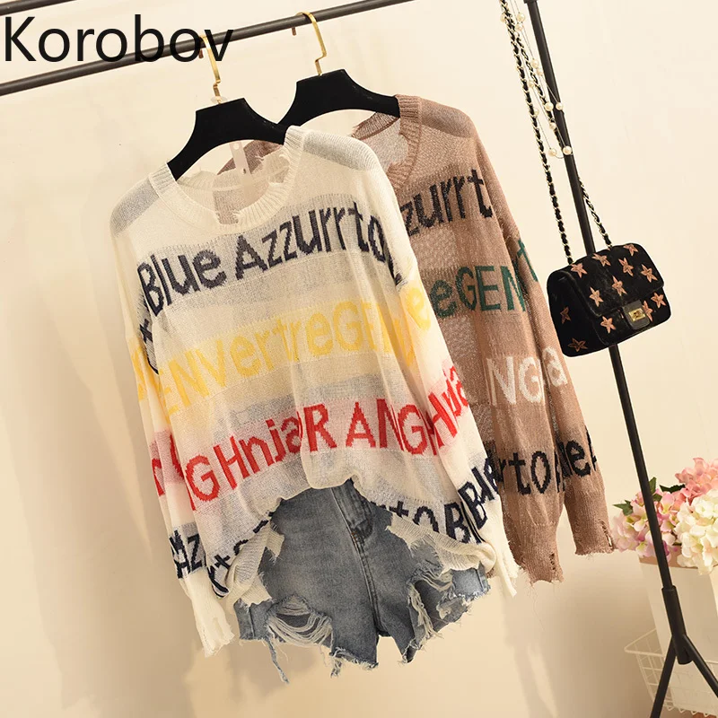

Korobov Summer New Thin Pullovers Knitwear Korean Hole Letter Embroidery Streetwear Sweaters Long Sleeve Hollow Out Jumper 78458