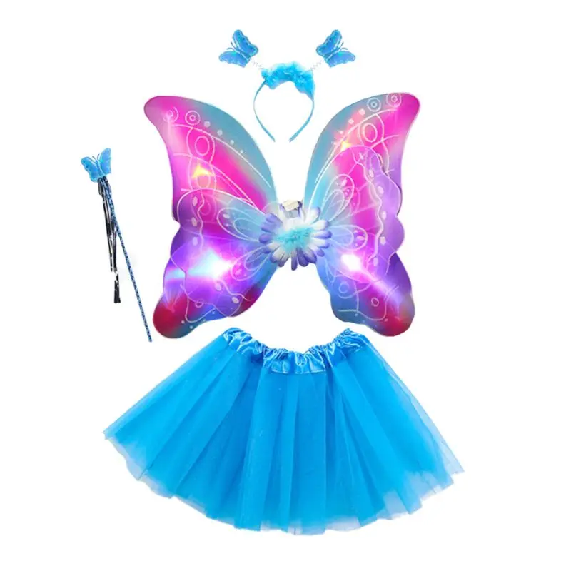 Светодиодный костюм феи для девочек из 4 предметов; фатиновая юбка-пачка; двухслойная повязка на голову с крыльями бабочки; платье принцессы для сцены