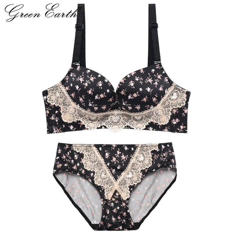 GreenEarth Women's Cute Flower Printed Bra Set Push Up Ultrathin