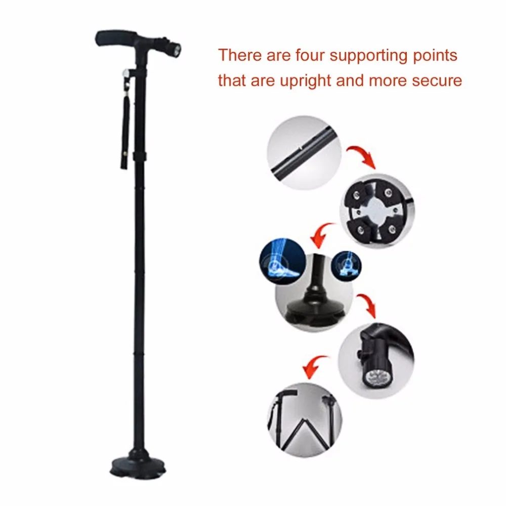 Base para T-guiador Cana para Anciãos Dobrável Homem Velho Segurança Bengala 4 Cabeça Pivotando Confiável Trekking Caminhadas Pólos Luz Led 5 4 cabeça pivotando confiável base para t-guiador