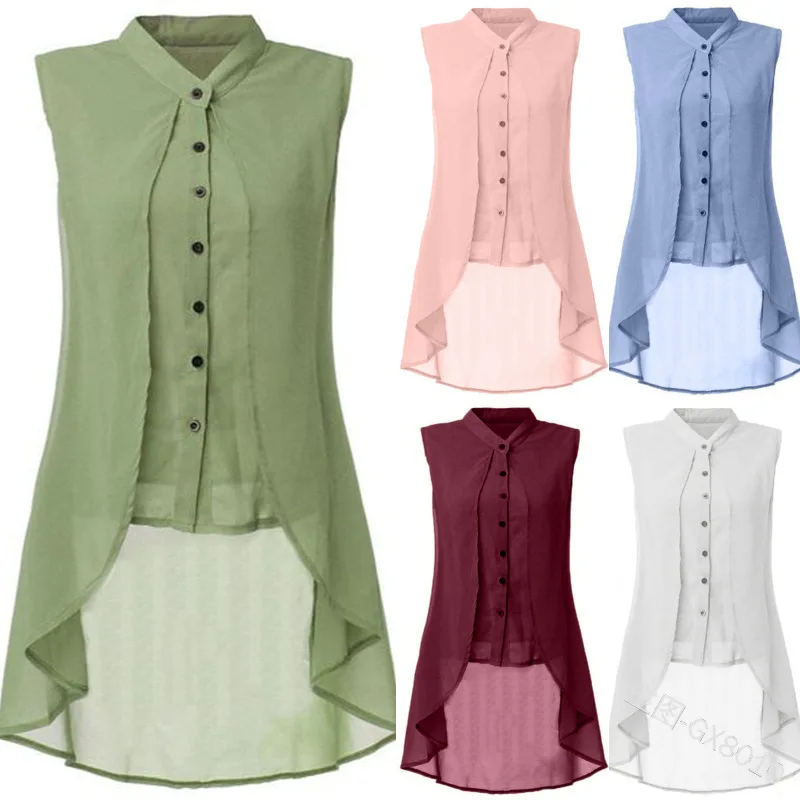 

Women Vintage Slim Fit Chiffon Blouse Sleeveless Irregular Front Short Long Hem Shirts Top For Ladies Summer Large size S-5XL