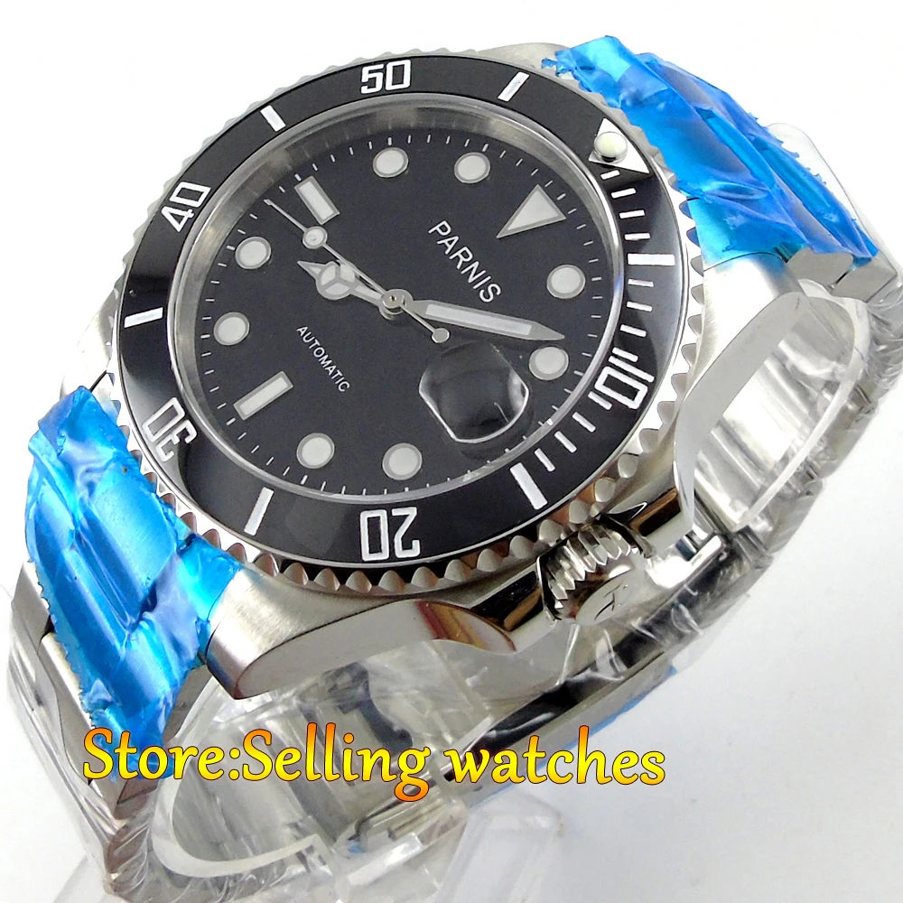 Parnis 40mm Black Dial Ceramic Rotating Bezel Sapphire Glass Automatic Movement Men Watch