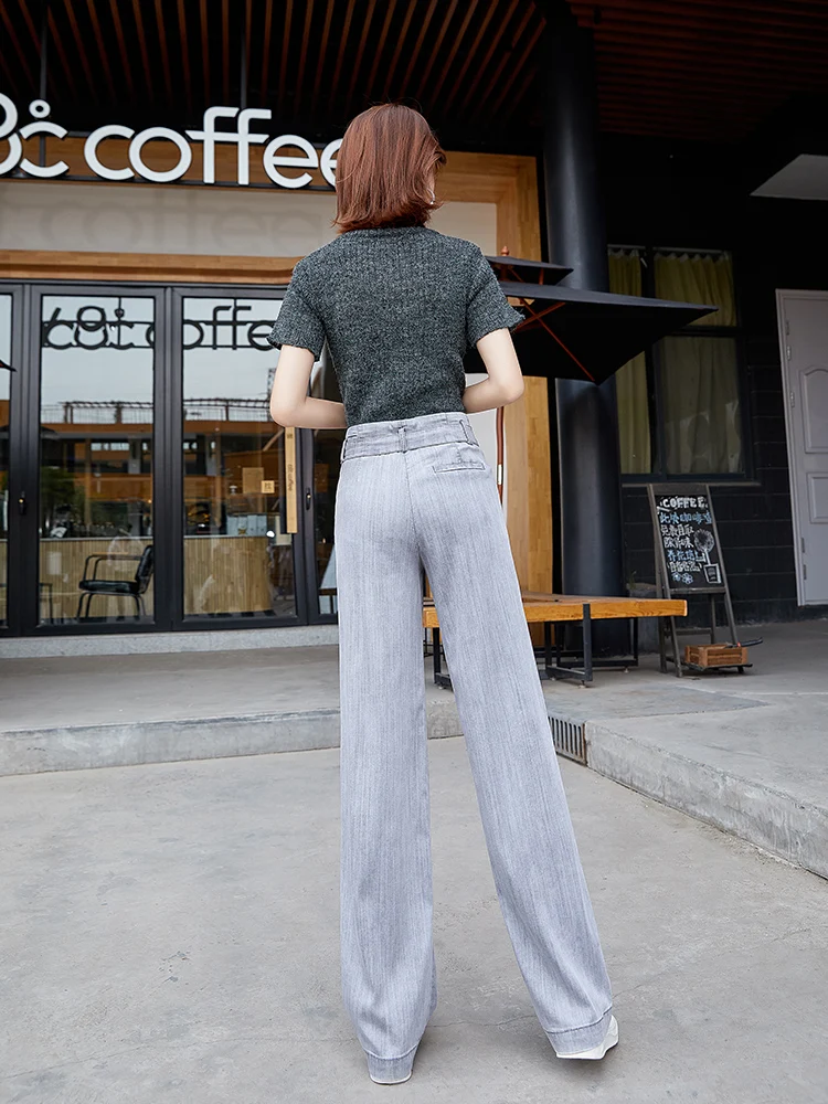 High Waist Straight Jeans Women Summer Tencel Gray Casual Loose Wide Leg Jeans Trousers Striped Full Length Sashes Palazzo Pants