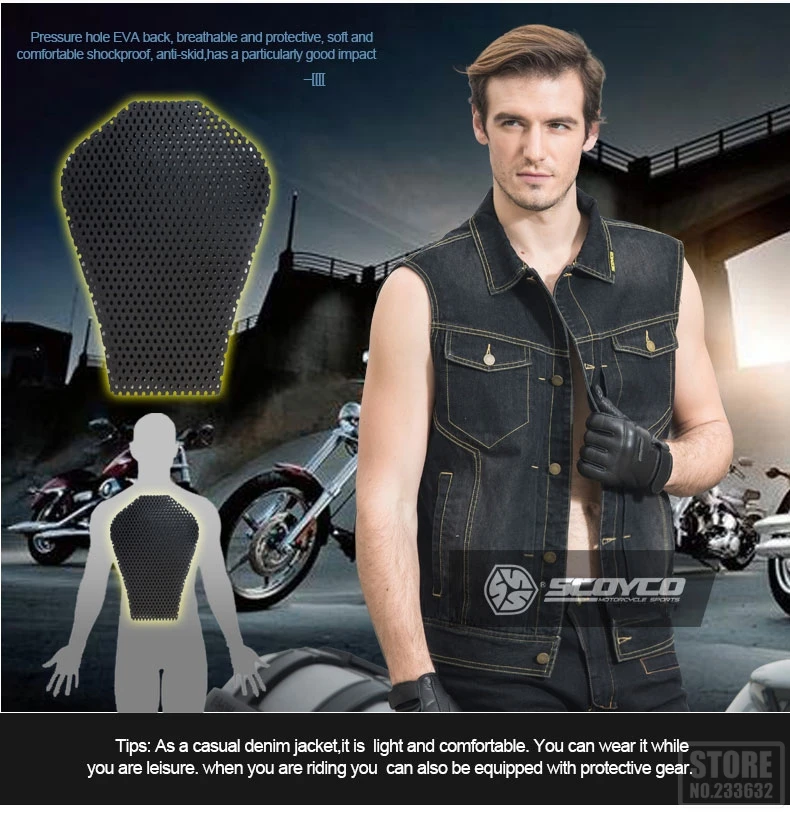 SCOYCO мотогонок джинсовая куртка жилет джинсовая куртка с протекторами ретро джинсы для езды на мотоцикле жилет ковбойская мотоциклетная