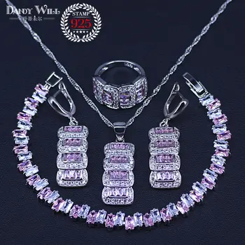 

New Style Pink Zircon silver color Wedding Jewelry Sets Women Charms Bracelets Necklace Pendant Earrings Rings Set With Stones
