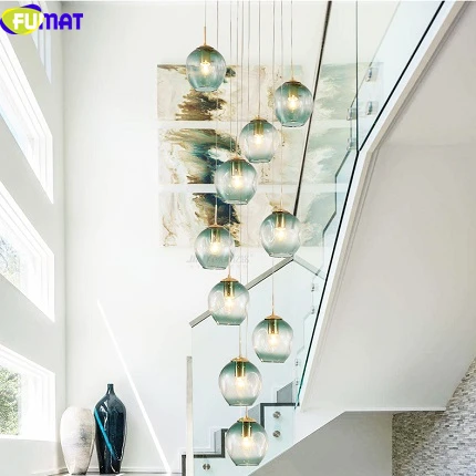 FUMAT MODO Ball Glass Spiral Staircase Villa Ceiling Lamps LED Stair Lamp Light Penthouse Chandeliers Cognac Gray Blue Fixture - Цвет абажура: Blue