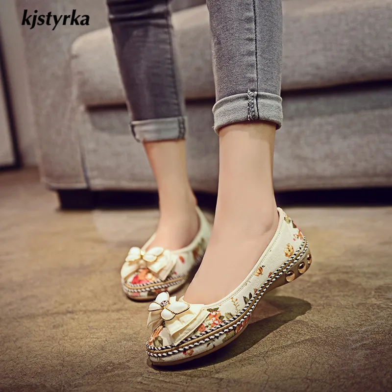 Plush Kjstyrka Appartements Floral Femmes rice Brodé Automne Confortable Mujer Chaussures noeud Printemps Classique Zapatos Mode Brillant Papillon White 2018 rIarwq6