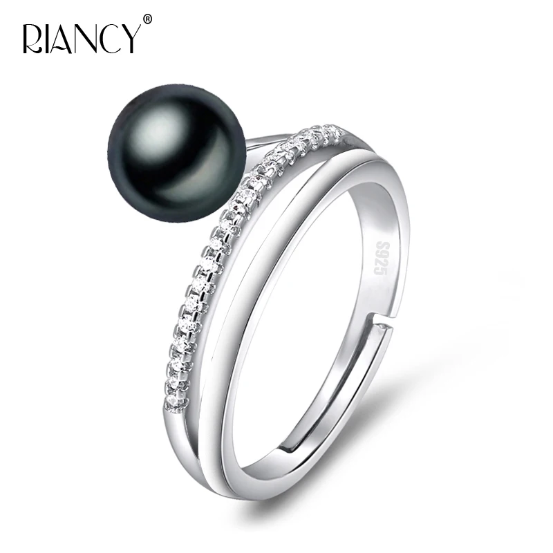 

Fashion 925 sterling silver pearl jewelry Natural freshwater black pearl ring white adjustable pearl ring for women