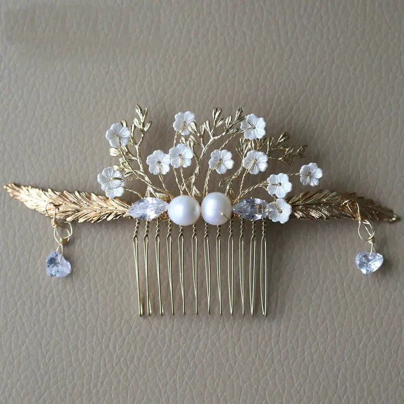 Greek Style Zircon Pearl Flower Comb Bridal Wedding headdress Golden Leaves Hair Accessories For Women | Украшения и аксессуары